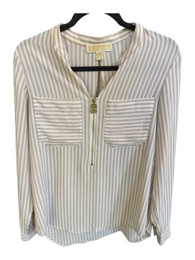 MICHAEL Michael Kors Cream Blouse with Gold-Striped Detailing and Zip